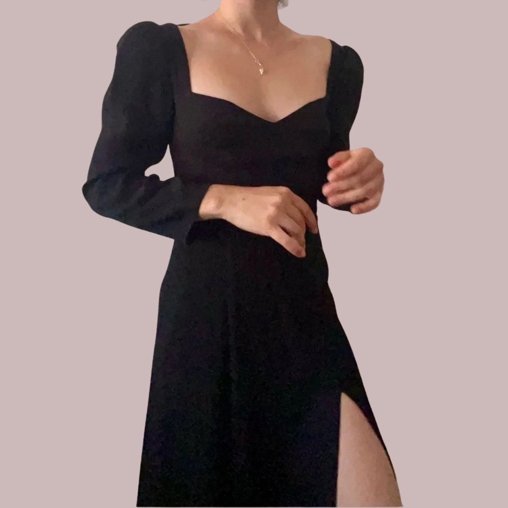 Reformation Petites Mara Black Midi Dress With Slit Size 0P Long Sleeve